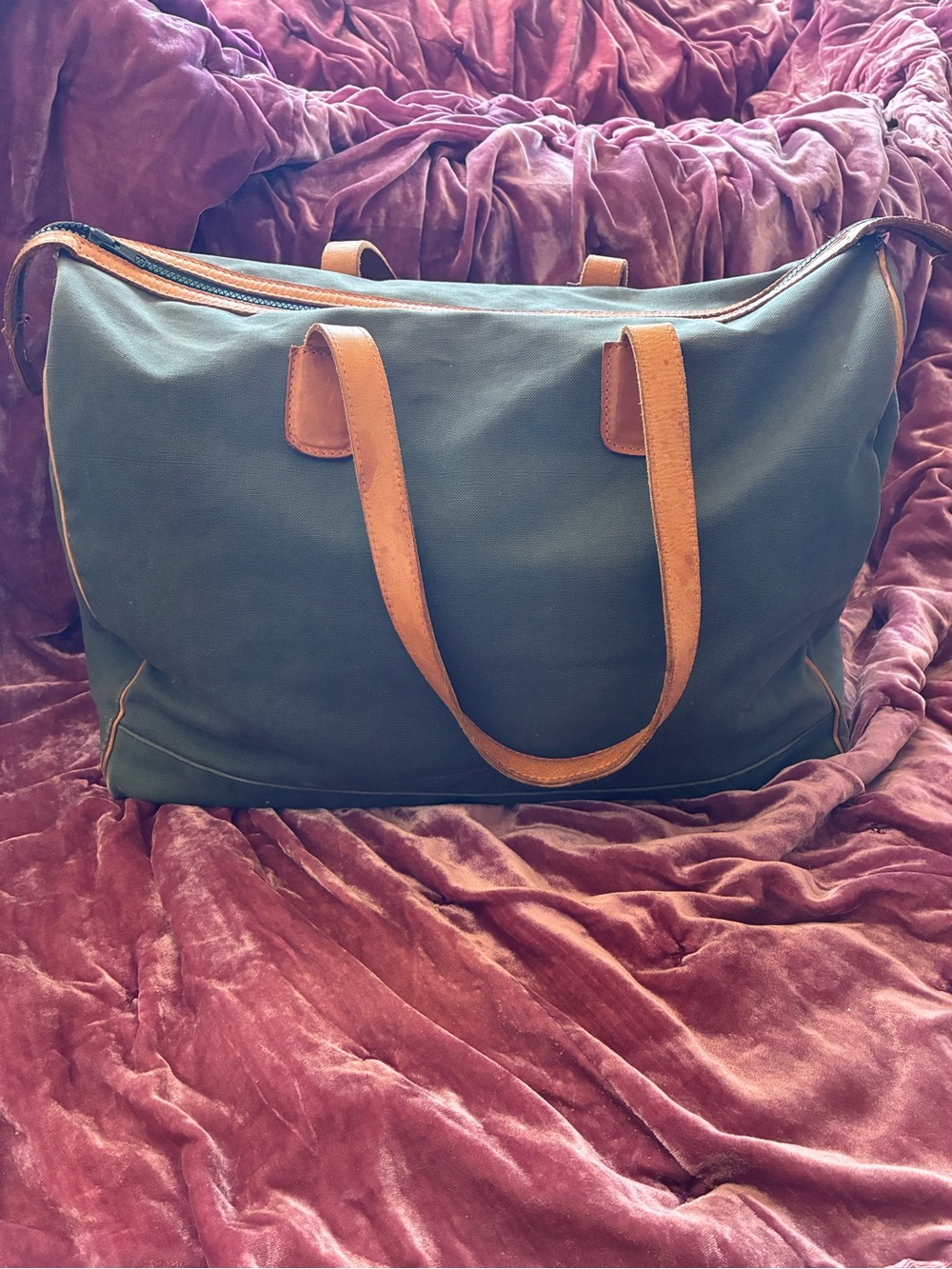 Canvas Tote Weekend Bag with Brown Leather Handles - Green